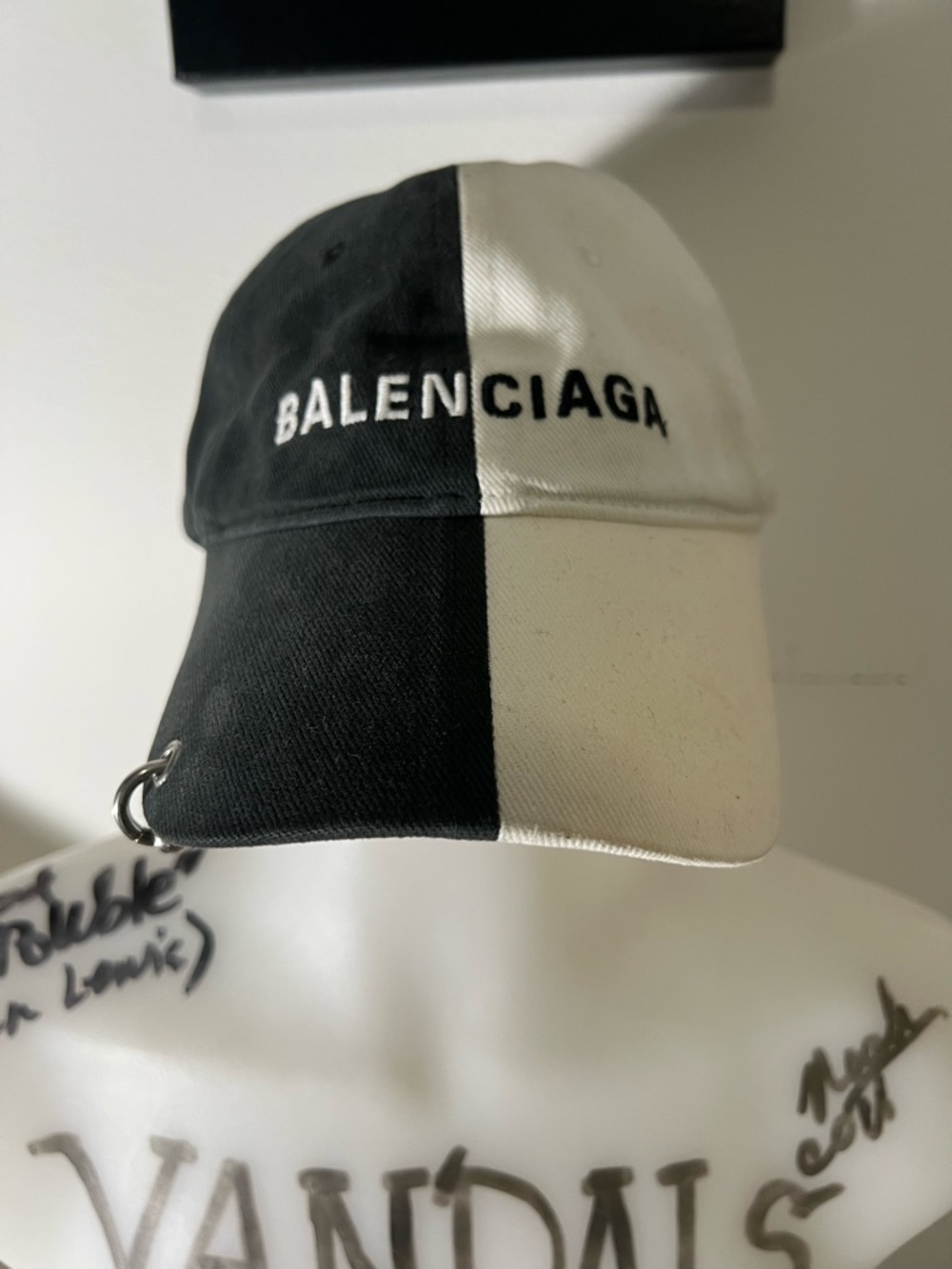 Balenciaga Black and White Two-Tone Logo Cap with Metal Ring